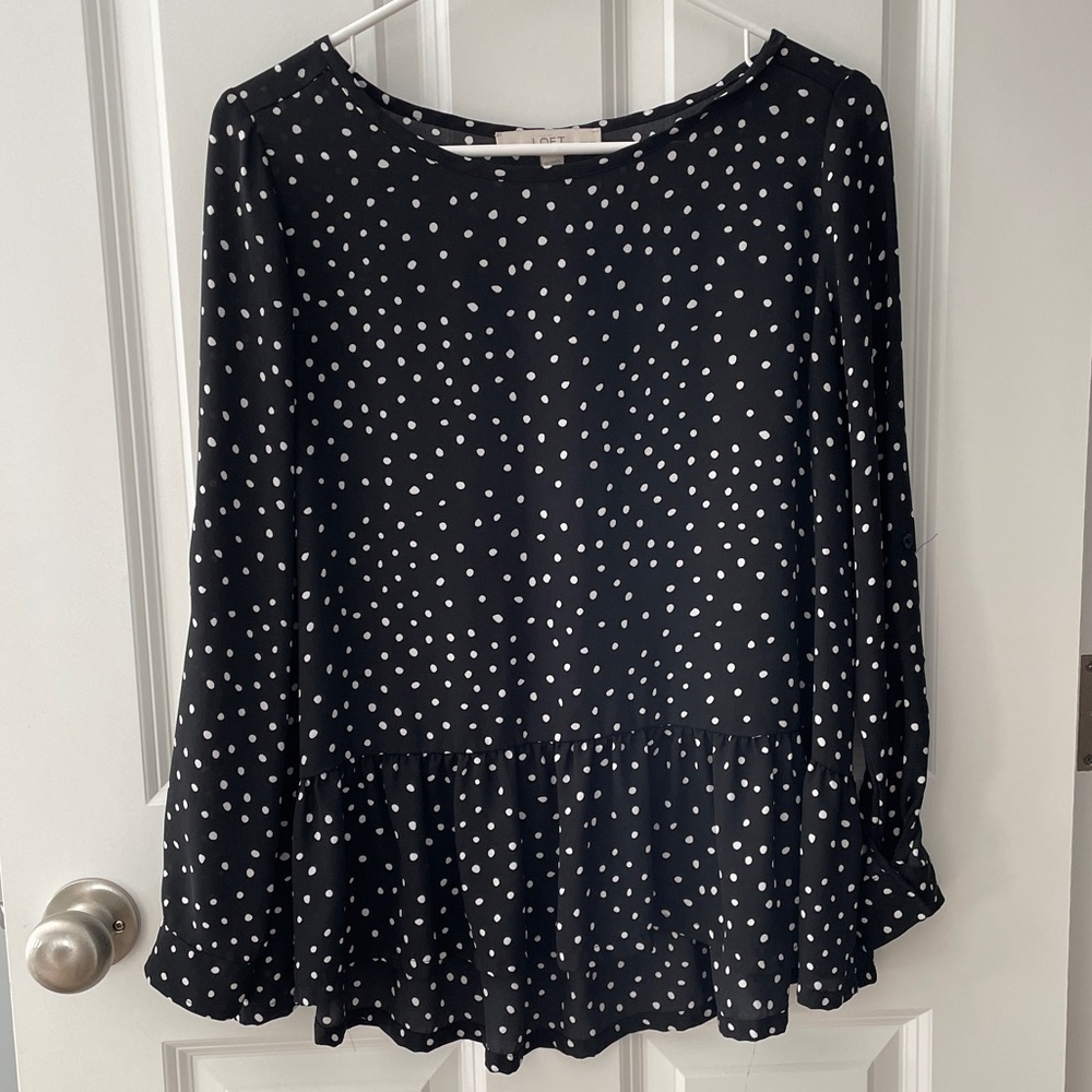 LOFT Black Polka Dot Peplum Blouse